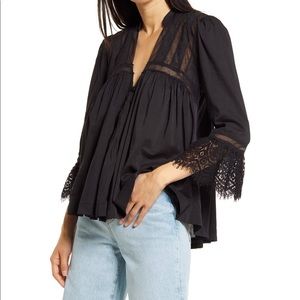 Free People Black Lace-Trim Peasant Blouse